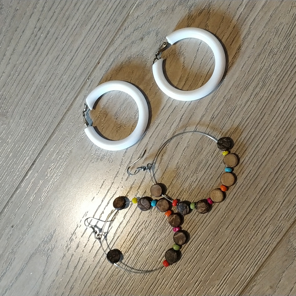 Set of Two Summer earrings clip on hand made wood beads